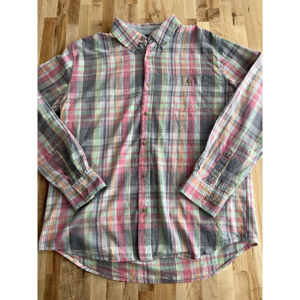 Men's Long Sleeve Button Up Shirt Spring Plaid 100% Cotton Airy Lightweight XL